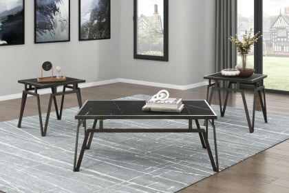 Modern Contemporary Black Finish 3pc Occasional Table Set Cocktail Table and 2x End Tables Black Sintered Stone Top