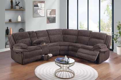 Chocolate Fur Like Corduroy U-Shaped Sectional Sofa w Console Cup Holder, Storage Drawer Motion Reclining Living Room Couch 3pc set