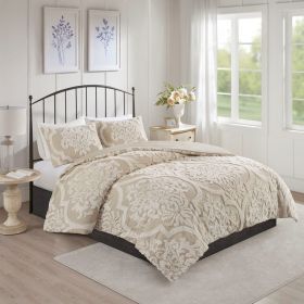 Full/Queen 3 piece Tufted Cotton Chenille Damask Duvet Cover Set