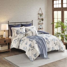 7 Piece Printed Seersucker Comforter Set with Throw Blanket Blue King/Cal King